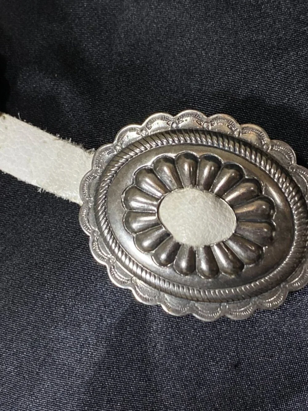 VTG Western White Leather Concho Belt Silver Tone Turquoise Cowgirl Boho 27.5-41